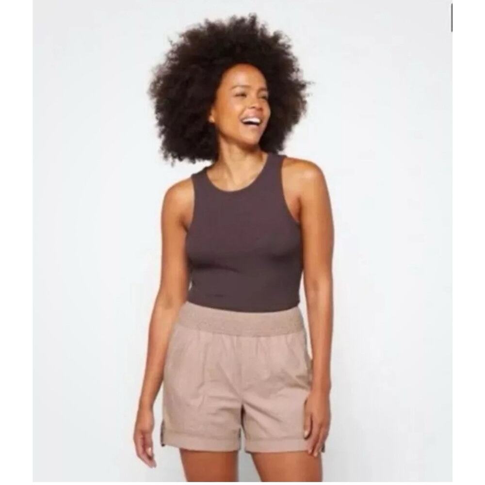 NWT Democracy Sz S Tan Hirise Cuff Tab Shirred Waist Back Pckts Linen Blnd Short